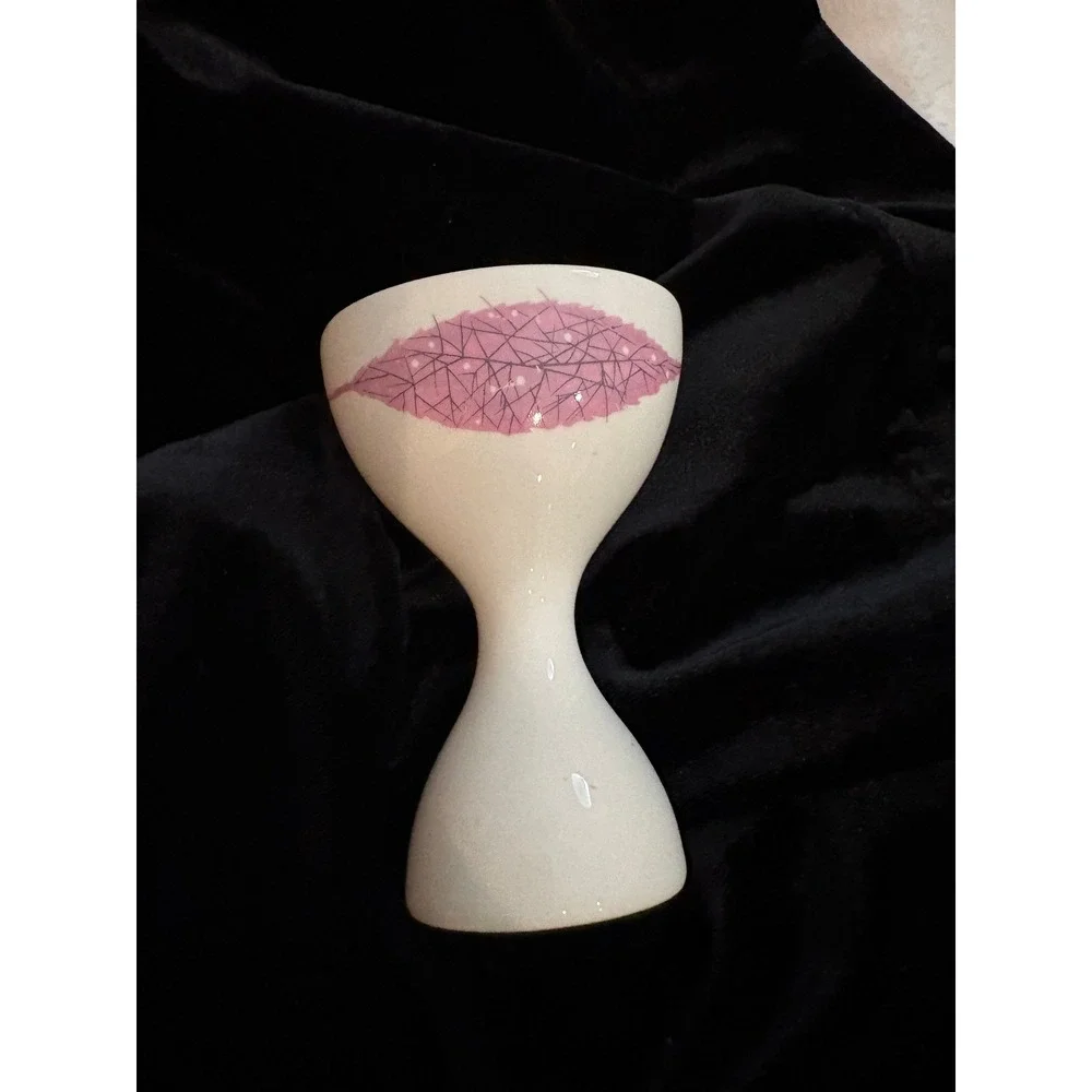 Vintage Mid Century Modern Ceramic Double Sided Egg Cup Pink Leaf White MCM